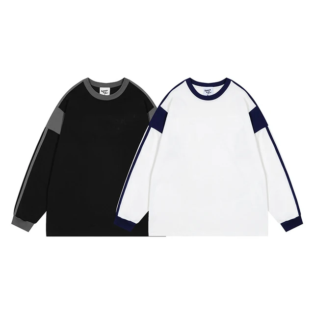 Autumn American Retro English Letter Contrasting Splicing Round Neck Sweatshirt  Trendy Brand Loose High Street Top Base Shirt