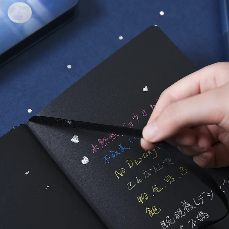 Creative Luminous Cat Moon Pattern Hardcover Black Inner Paper Journal Notebook