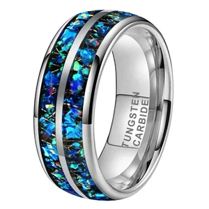 Coolstyle Jewelry 8mm Domed Engagement Promise Wedding Band for Men Women Blue Green Opal Chip Inlay Tungsten Carbide Ring