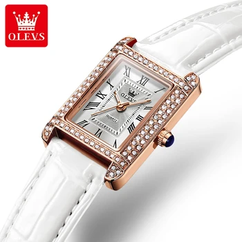 OLEVS 9935 Wholesale Customized Women Fashion Leather Strap Square Diamond Quartz Wrist Bracelet Watches Gift Set