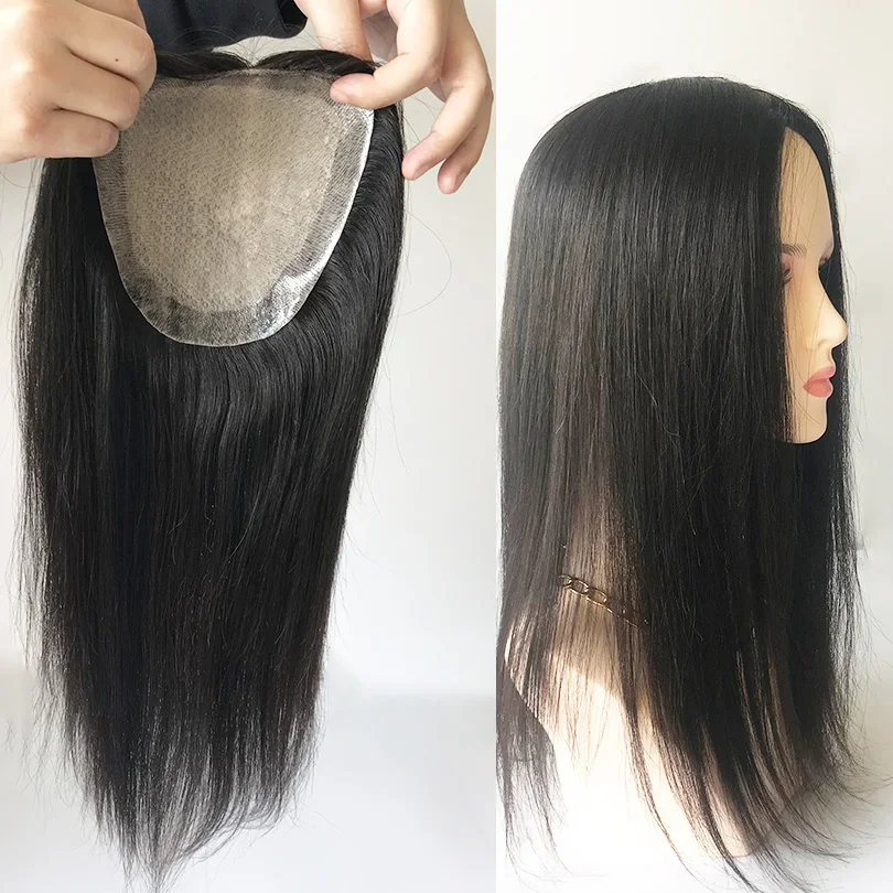 15x16CM Virgin Human Hair Topper For Thinning Silky Straight 2cm PU Around Scalp_voghion.com