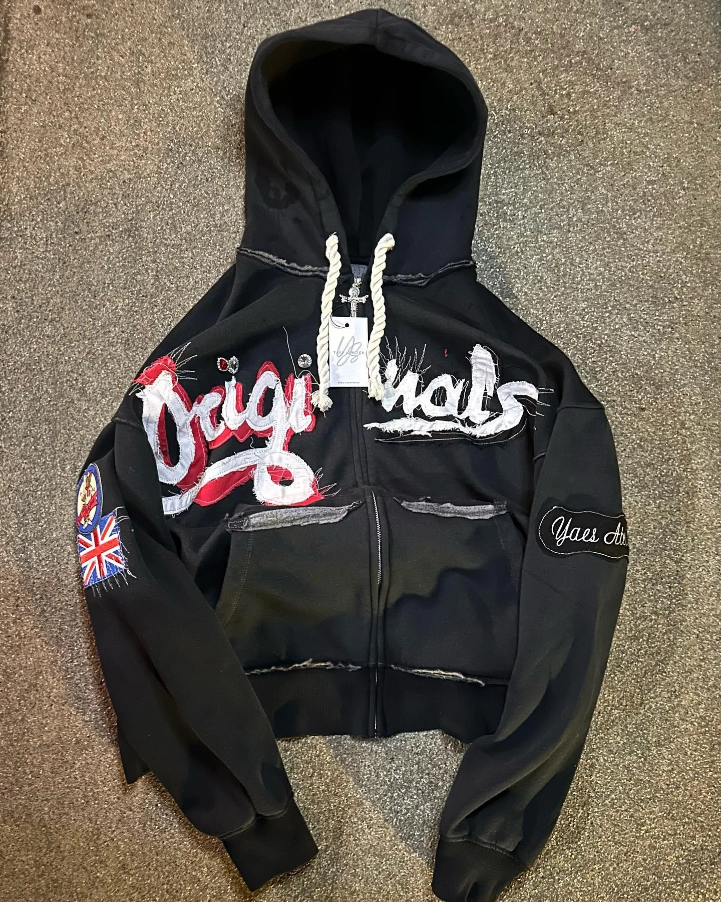 Custom Unisex Hooded Sweatshirt Cotton French Terry Ripped Faded Boxy Zip up Distressed Vintage Acid Wash Rhinestone Hoodies Men gallery 7