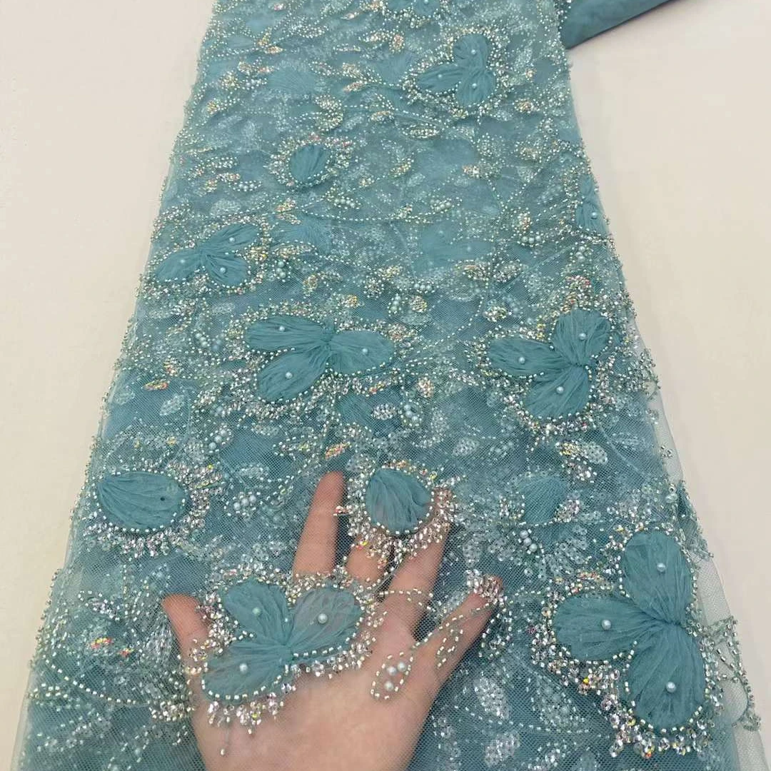 Sky Blue Floral Sky Guipure Beads Lace Fabric