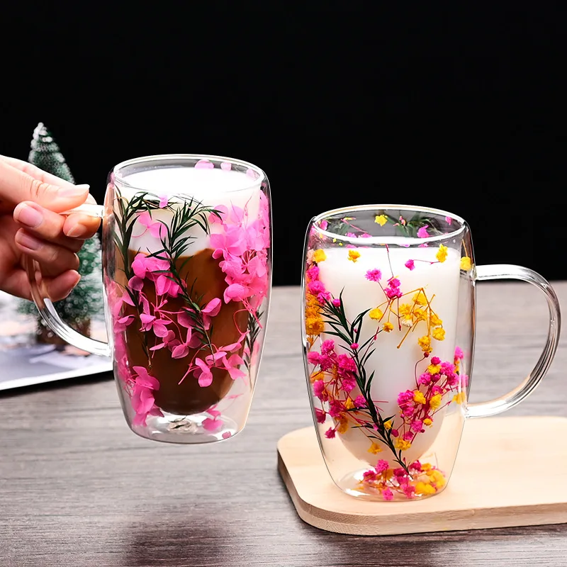 Dry Flower Cup ODM/OEM Manufacturers Custom LOGO High Borosilicate Double Wall Glass Cup with Dry Flower