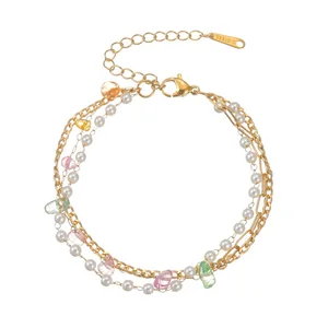 Fashion Jewelry Chain Link Stainless Steel Bracelets Fine Womens Multi Layer Colorful Natural Stone Pearl Charm Bracelet