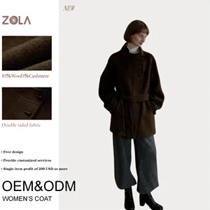 Women's Double-Sided Wool Cashmere Coat Handmade in Deep Brown&White Short Length with Detachable Waist Belt