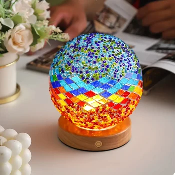 Exotic Mediterranean Night Light Table Lamp Touch Control Turkiye Mosaic Glass Charging Remote Control Timed Features Bedroom