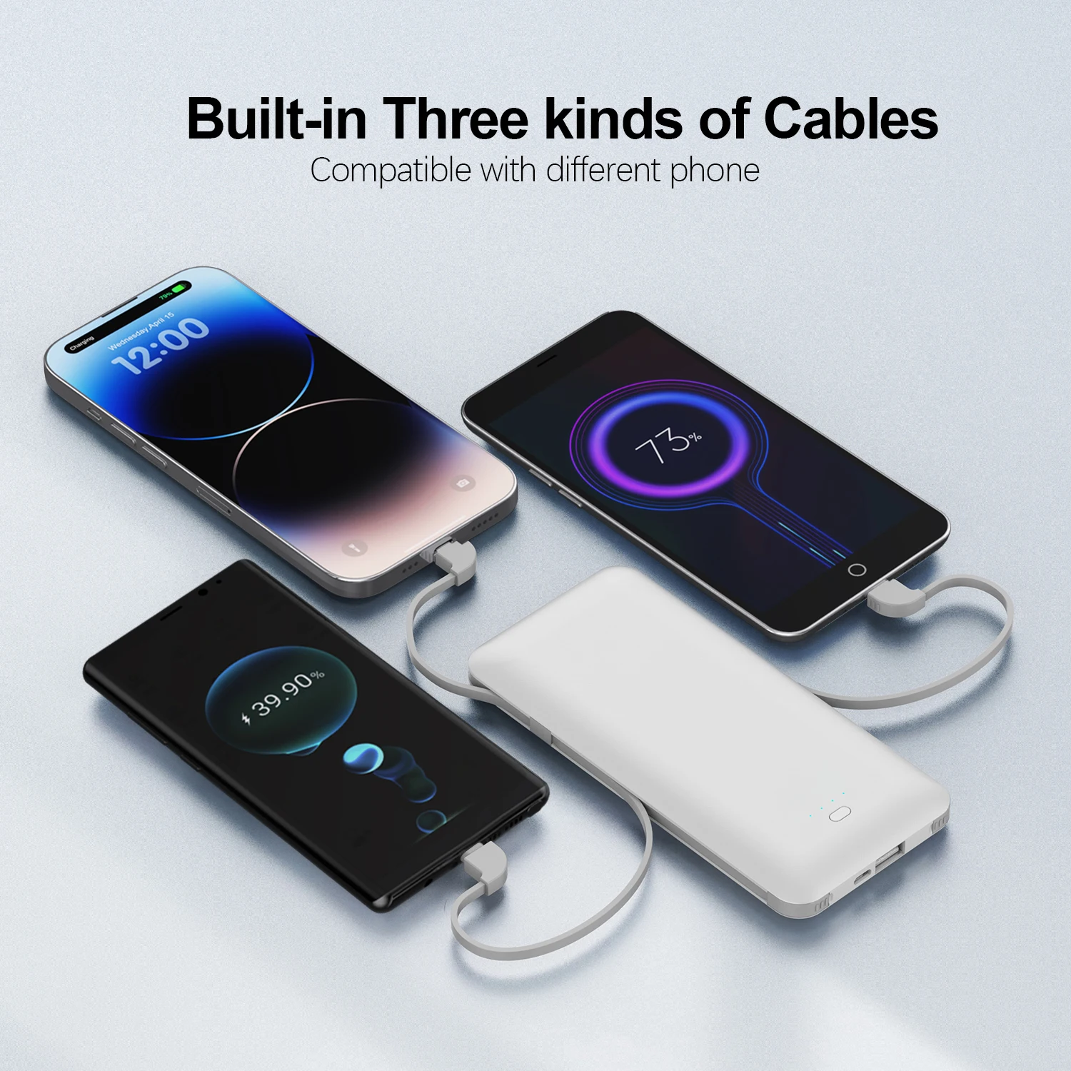 PD20W Power Bank 10000mAh Built-in Folding AC Plug, Portable Multi-Port Power Bank with 3 Cables, Black White Blue Pink PB147AC