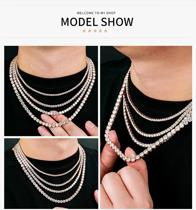 customized 3mm 16in 18in mossanite moissanite 925 sterling silver fashion jewelry rose gold plated tennis necklaces for women