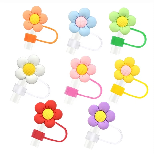Silicone Reusable Dust-Proof Straw Tips 6-8mm Drinking Straws Plug Flower Daisy Straw Topper Charms Cover Tumbler Topper