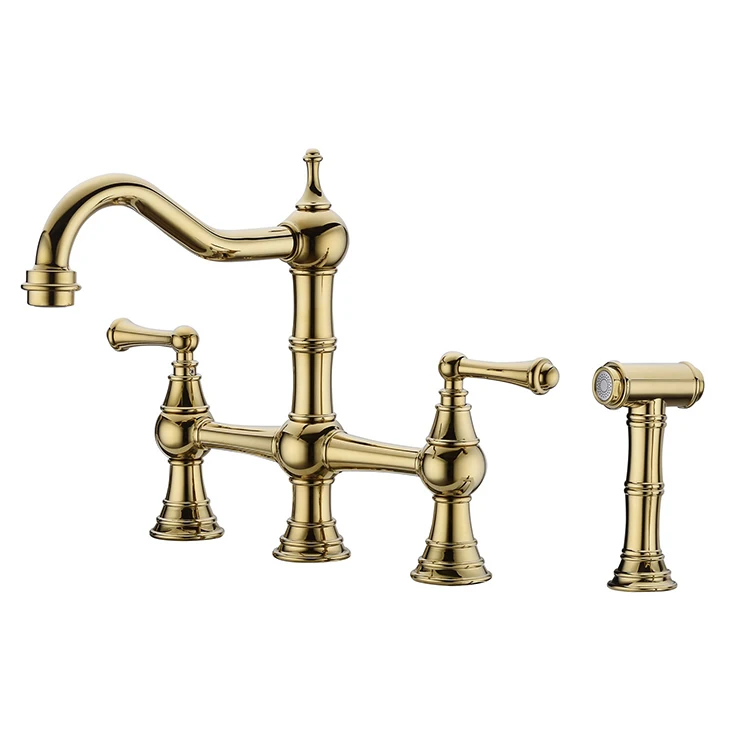 Vintage Brushed Gold Color Surface Dual Handle Brass Bridge Hot Cold Water Function Faucet Kitchen