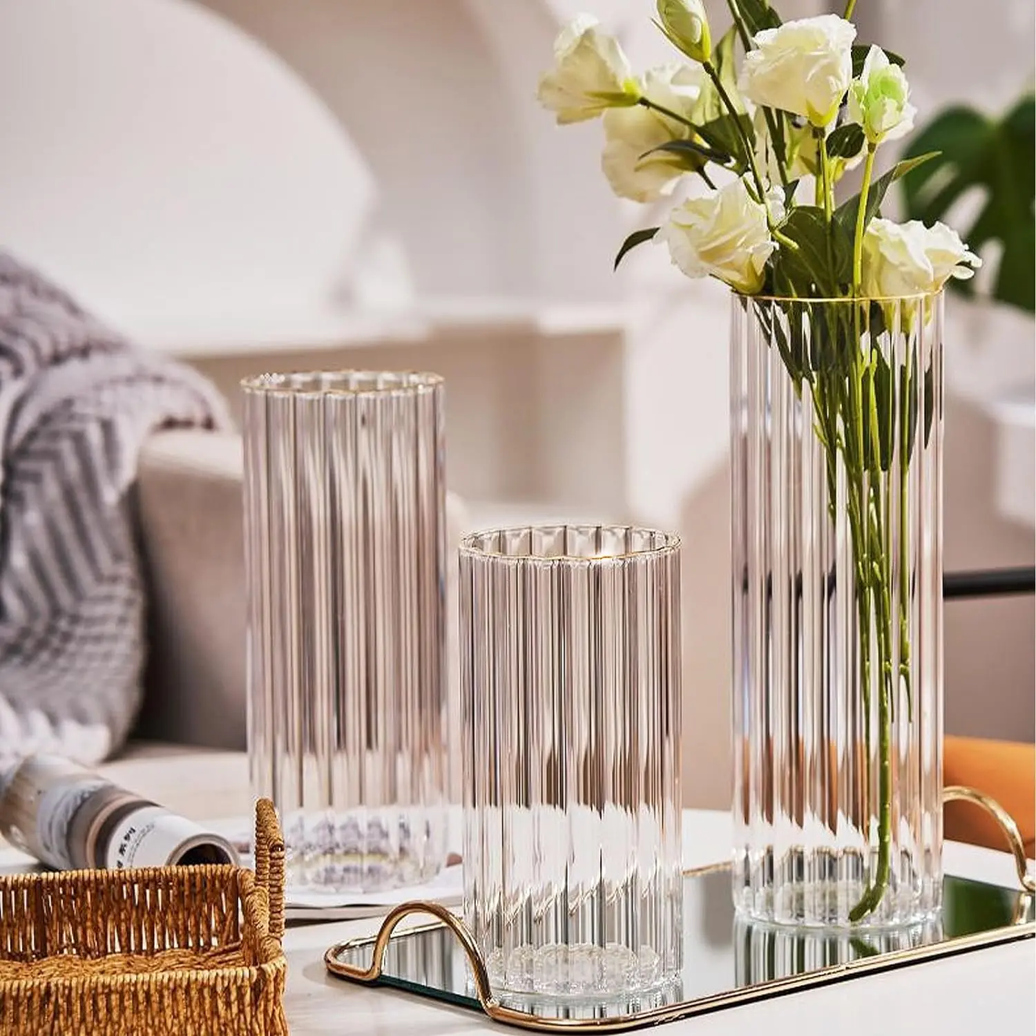 Modern Style Recyclable Striped High Borosilicate Glass Vases For Home ...