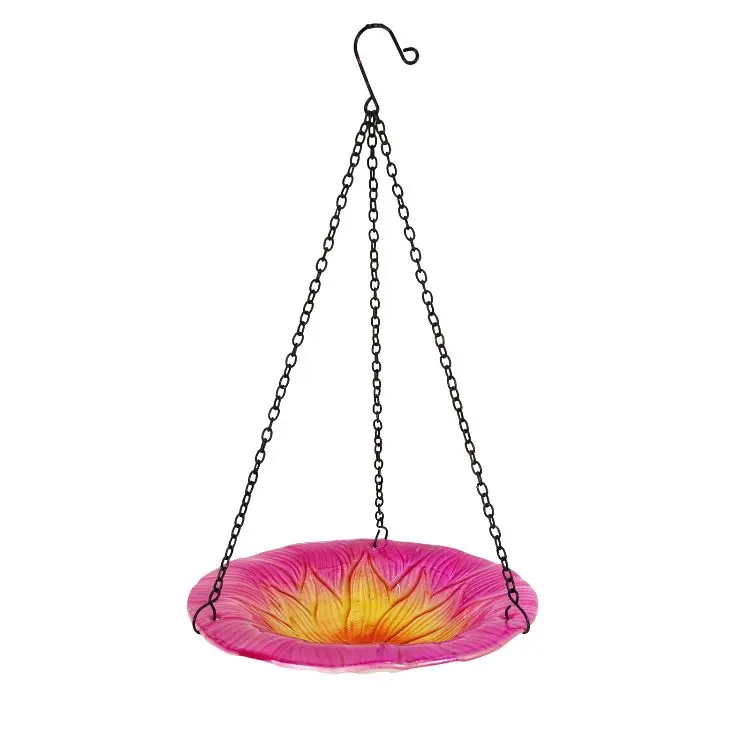 Glass Bird Bath Flower Shape Bird Feeder With Metal Chains Coneflower Hanging Water And Seed Tray Bird Feeder For Outside