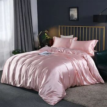 Amazon's Choice Ultra Luxury Soft Solid Color with Hidden Zipper Design Comforter Cover Pink Silky Satin Queen Duvet Cover Set