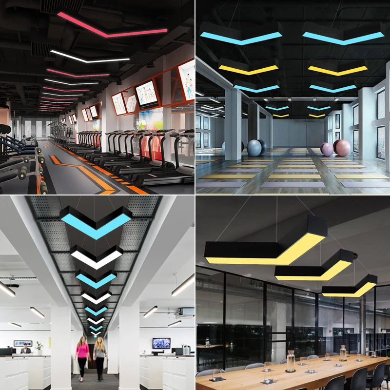 Suspension LED en forme de L pour bureau, salle de sport, couloir et passage – style industriel épuré avec design en flèche, idéale pour les cybercafés