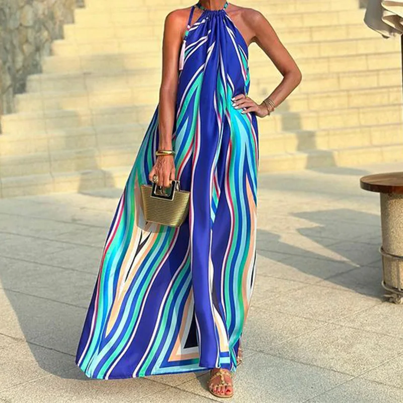 Striped Printed Halter Boho Dress Loose Summer Maxi Dresses Women|  Alibaba.com