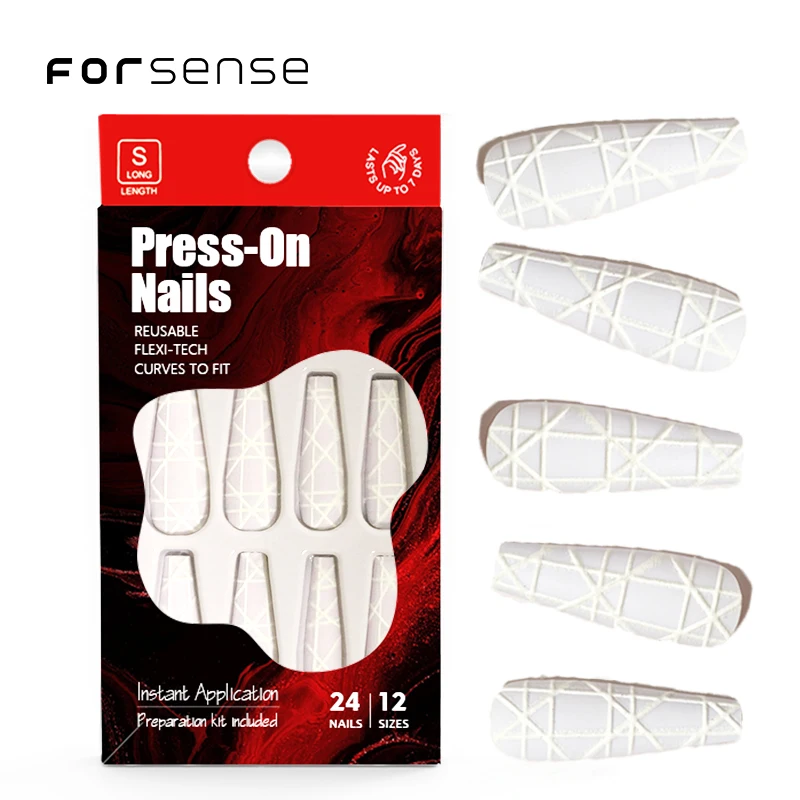 Easy Winter Classy Matte Press on Nail Design Holiday Simple White 3d Line Nail Tips Wedding Bride Elegant Long Coffin Fake Nail