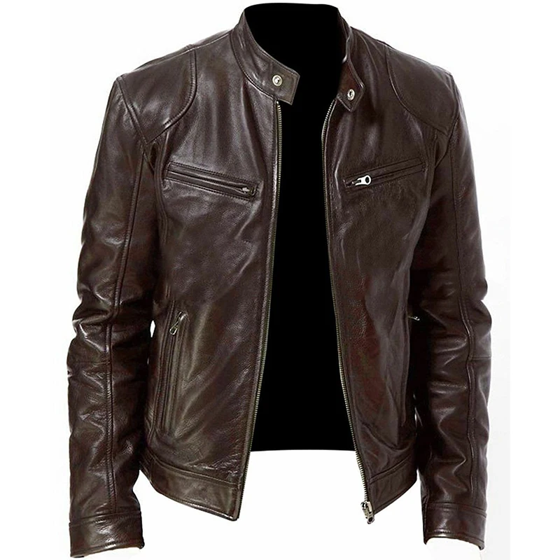 2024 PU Leather Zipper Men Spring Autumn Coat Men's Fashion Stand Collar Slim Casual Tops Jacket_voghion.com