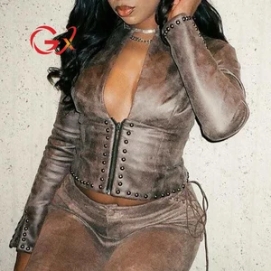 GX25281 Fashion Autumn 2026 Clothing Boutique Ladies Street Wear V-neck Unique Top PU Leather Long Sleeve Zipper Jacket Women