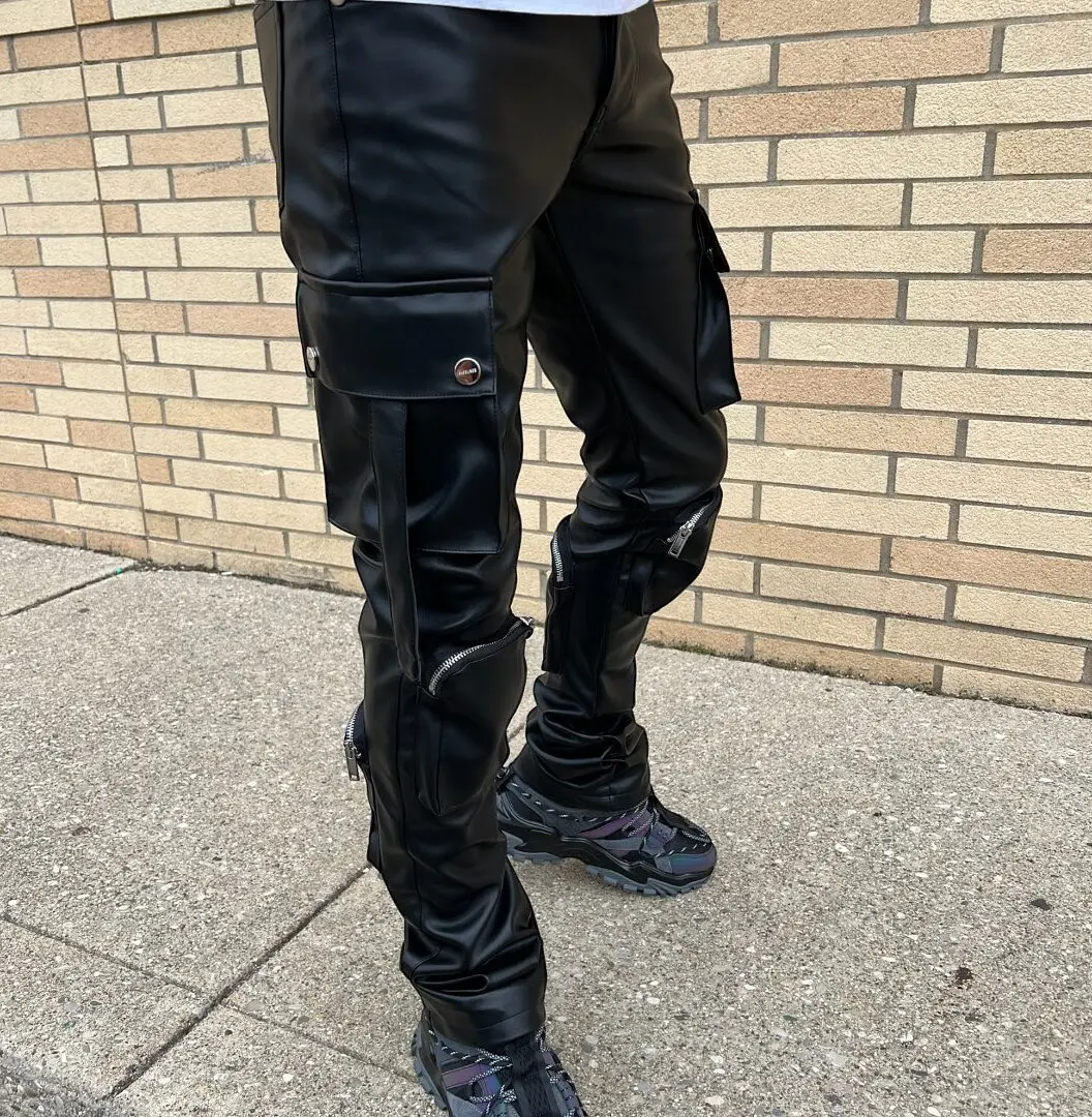 Custom Flared Relaxed Fit Baggy Pants Black Motorcycle Pu Trousers Multi Pockets Streetwear Stacked Cargo Faux Leather Pants Men gallery 4
