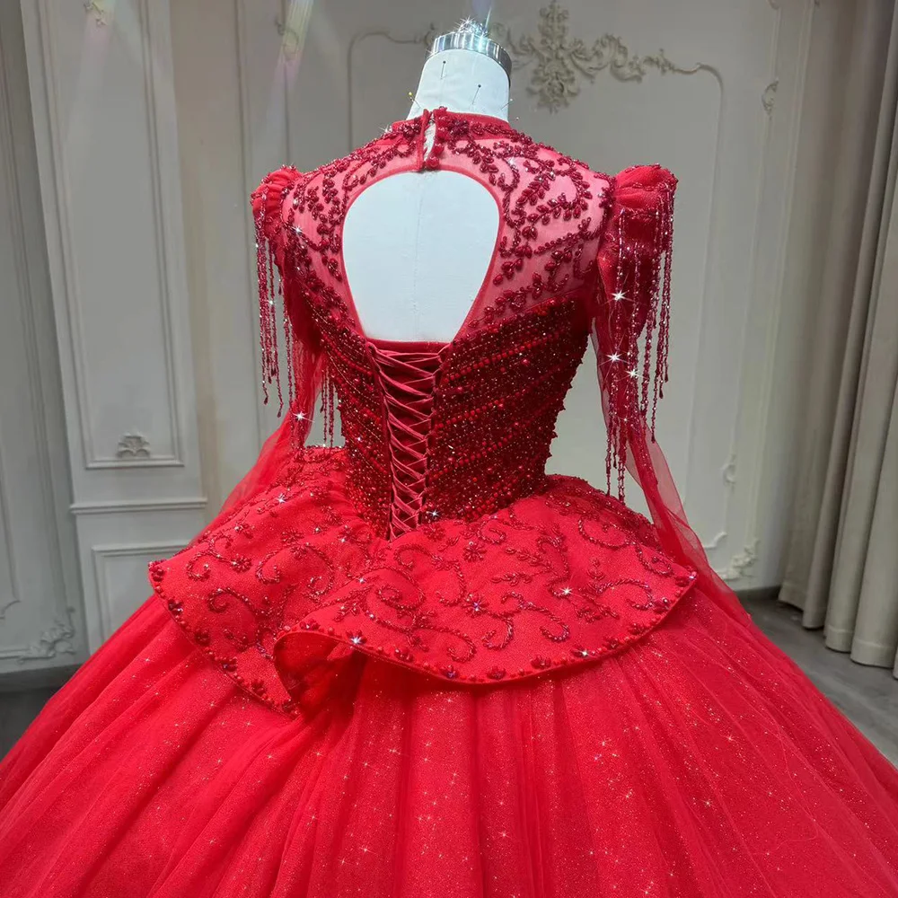 Chic Long Sleeve Dark Red Lace Appliques Wedding Gown Yl0037
