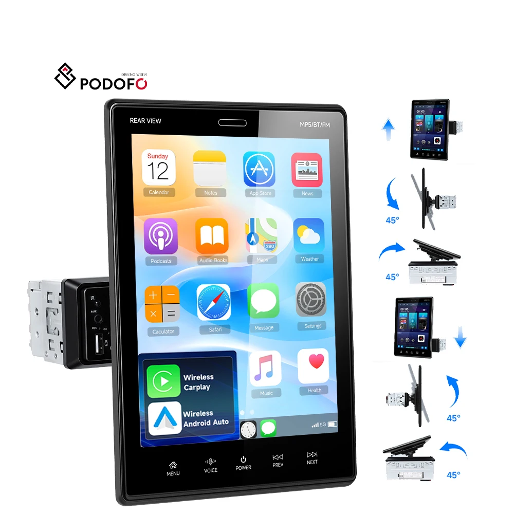 Podofo 1 Din Araç Stereo Radyosu, 9,5 inç Dikey Ayarlanabilir Ekran Açısı, Araç MP5 Oynatıcı, Kablosuz CarPlay ve Android Auto, EQ Toptan Satış A4614