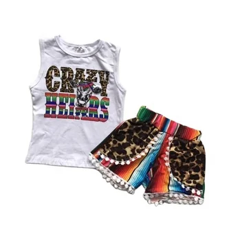 new arrivals Baby girls children clothes CRAZY HEIFER kidswear outfits leopard serape pom-pom shorts cotton ruffle boutique