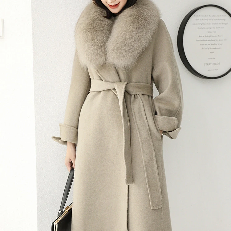 Cx-g-t-19c Women Hot Sale Fashion Khaki Wool Cashmere Coat With Big Fox ...