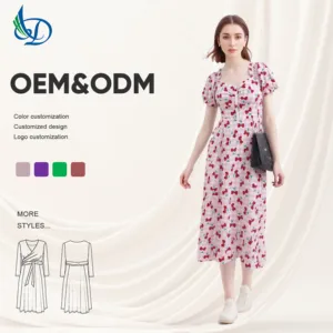 2026 Autumn Collection Sweet Natural Breathable Eco-friendly Washable Floral Maxi Dress Short Sleeve A-Line Outdoor Casual