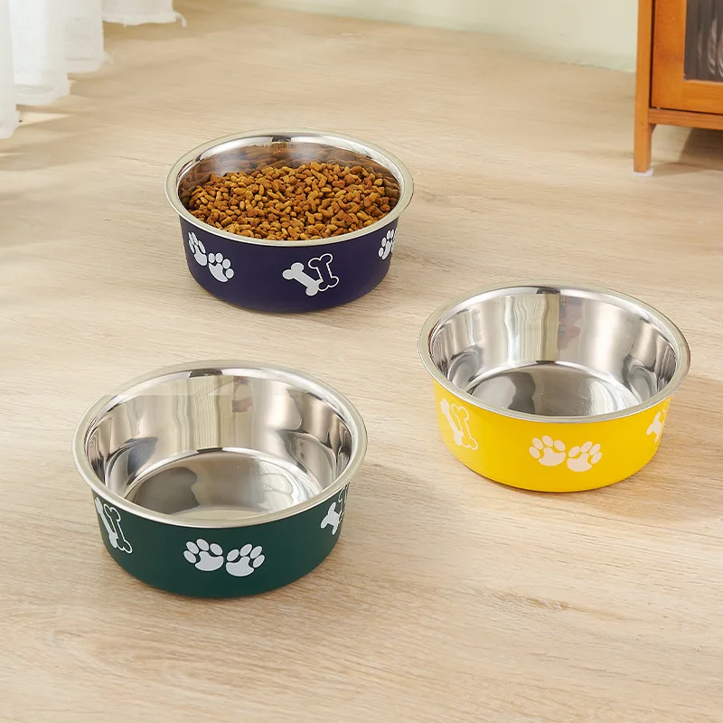 Pet Paw Bone Printing Anti-drop Stainless Steel Bowl Feeders Anti-slip Rounded Cat Dog Bowl Pet Feeding Products factory