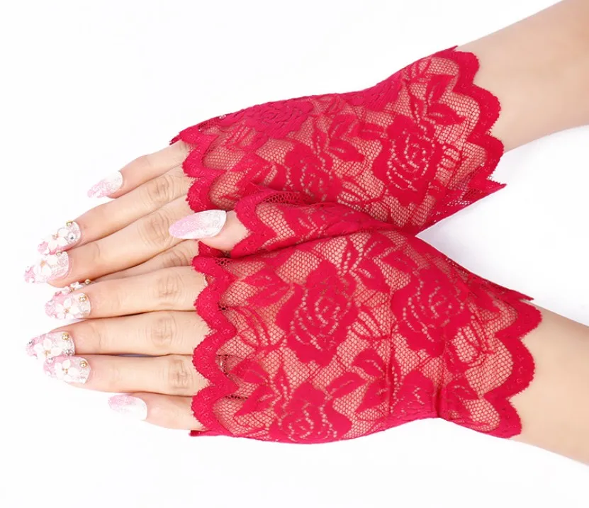 Spring and Summer Womens Sexy Lace Gloves Fingerless Lace Dance Sexy Ladies Half Finger Mesh Mitten Driving Gloves