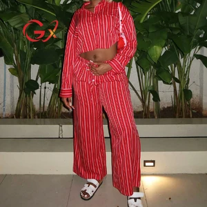 GX6903 Fashion 2026 Fall Women Street Wear Clothing Boutique Long Sleeve Stripped Shirt and Wide Leg Pant 2 Piece Set Women