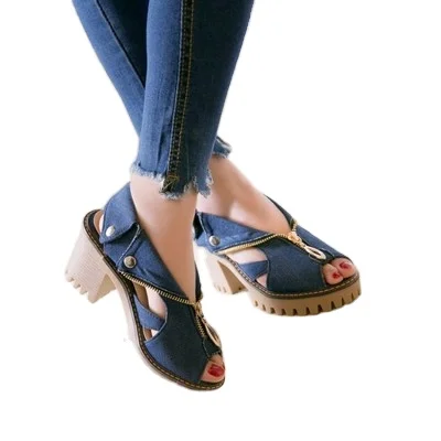 Casual Denim Cloth Heel Shoes Thick 
