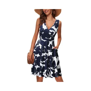 Women's Casual Summer Sundress Floral Flare Tank Knee-Length Spaghetti Strap V-Neck Sleeveless Wrap Pockets Natural Waistline