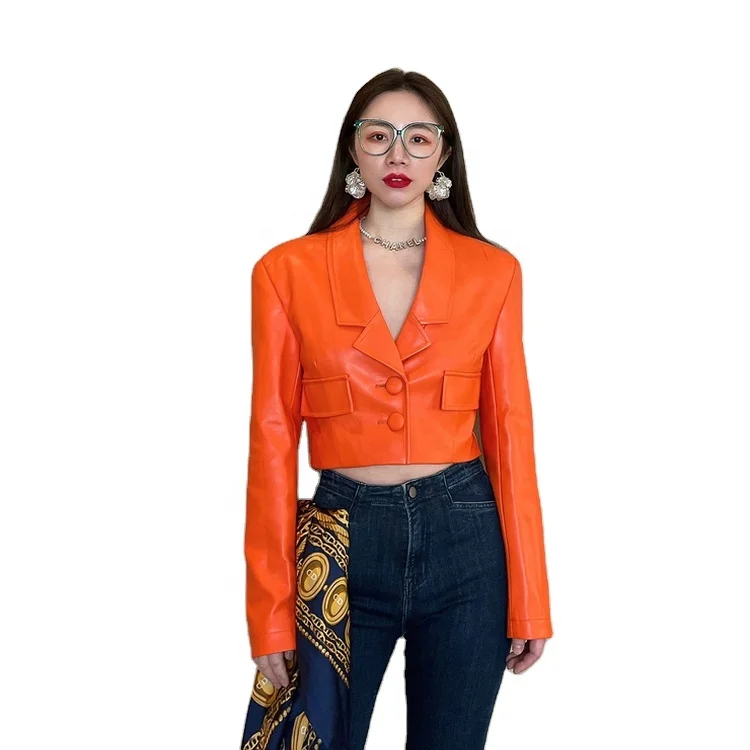 ジャケットオレンジ 羊皮 レディース Spring Ladies Bright Orange Crop Length Vintage Genuine