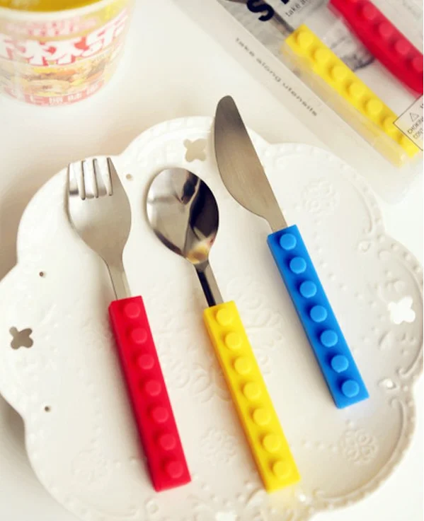 Kids' Spoon Fork Knife Interlocking Brick Utensil Set for Children