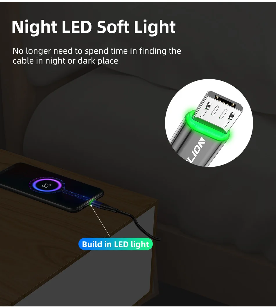 USLION 3A Fast Charging 2M Green LED illuminated Micro USB Charging Cable Data Cable For Android Mobile Phone - ANKUX.COM