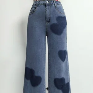 Cross-border European American Streetwear Button Boot Cut High Waist Loose Retro Washed Wide Leg Heart Print Casual Denim Pants