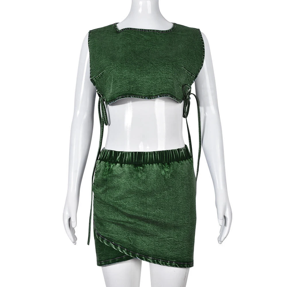 Charm Trending Products New Arrivals Two Piece Set Women Denim Clothing Denim Crop Top Denim Mini Skirt Set Women manufacture