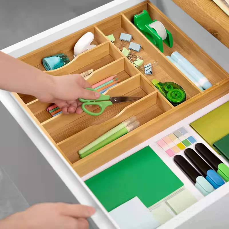 Kitchen Knives Adjustable Cutlery Tray Bamboo Expandable Wood Drawer Dividers Storage Organizer for Utensils Flatware Holder