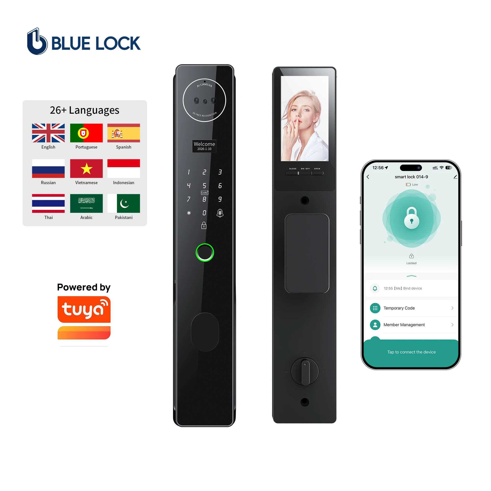 Bluelock 3D Face Smart Lock Fingerprint Recognition Tuya Video Intercom Wood/Steel/Aluminum/Stainless Steel Doors App Cloud