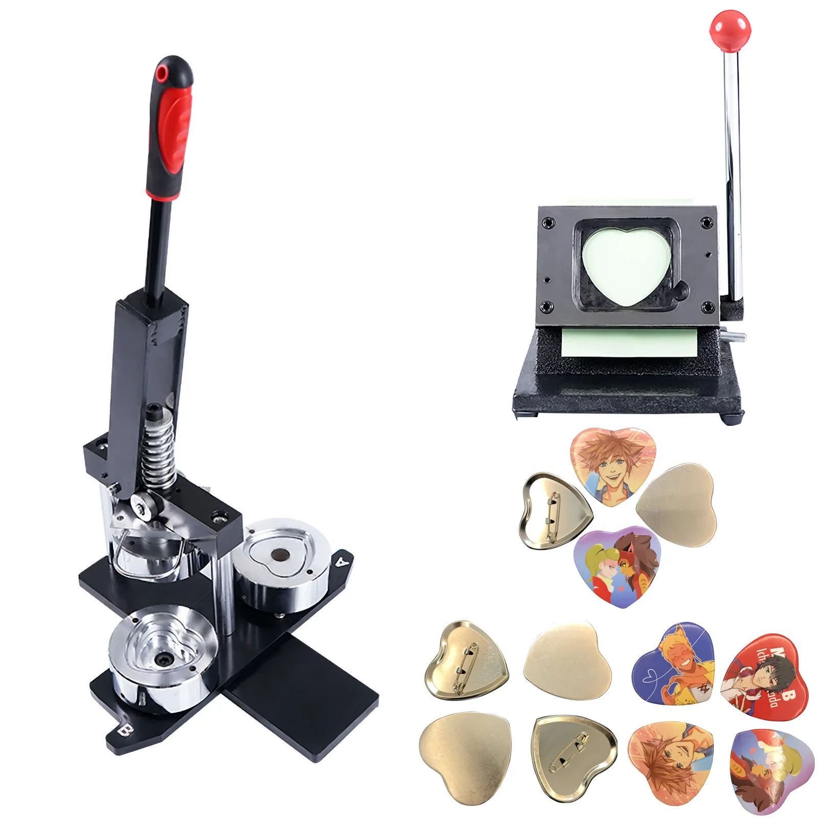 57*54mm Heart Shape Sets Tinplate Badge Set Heart Shape Badge Maker Button Machine + Paper Cutter + 100pcs Badge Parts
