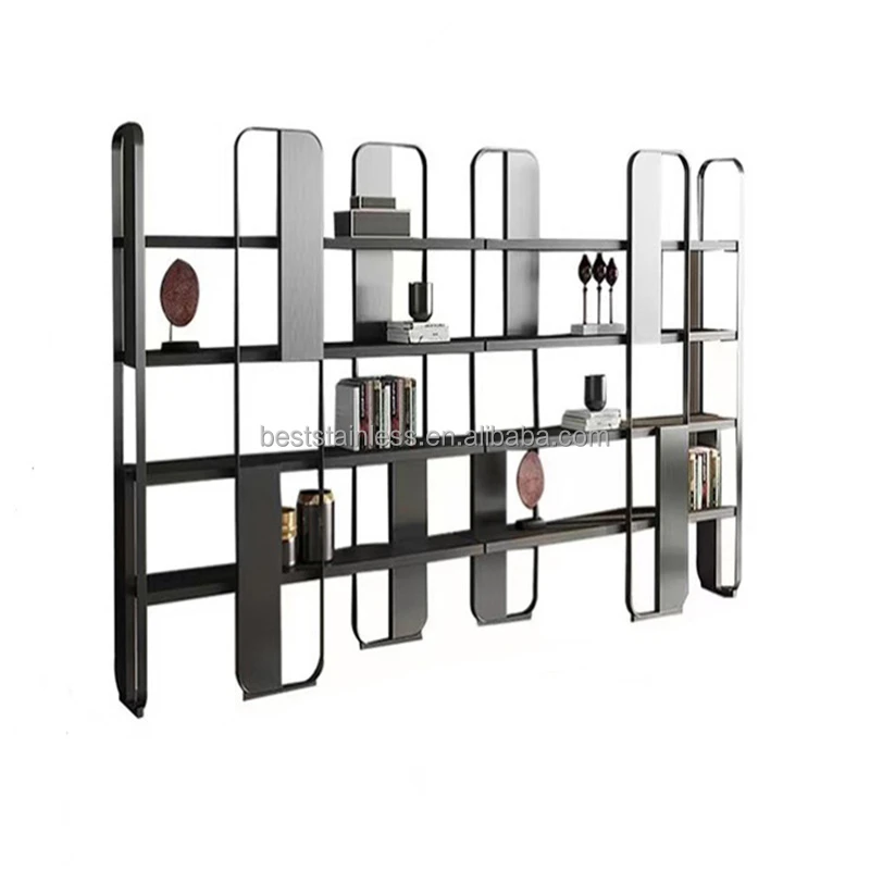 Book Shelves Frame Decoration Bookshelf Tall White Home Office Bookcase Gold Stainless Steel Modern Wooden Case Customized
