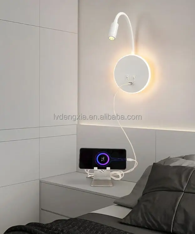 7W LED ベッドサイド読書ウォールライト USB充電 アルミニウムランプ USB充電器付き壁掛け読書灯 ベッドサイドスポットライト アメリカン