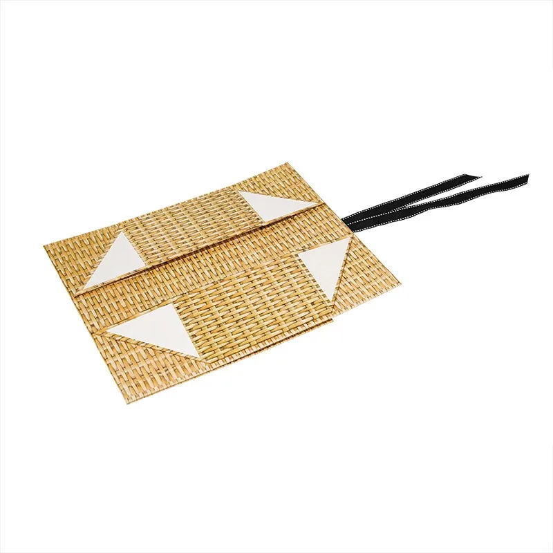 Custom Folding Gift Box with Woven Rattan Texture and Black Ribbon Bow Flat Pack Design for Gift Packaging Wholesale Supplier