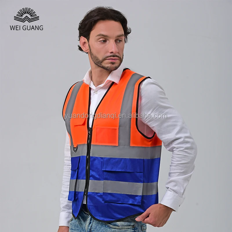 Functional  High Brightness Engineer Construction Warning Jacket Fluorescent Yellow Traffic Reflective Safety Vest With Zipper