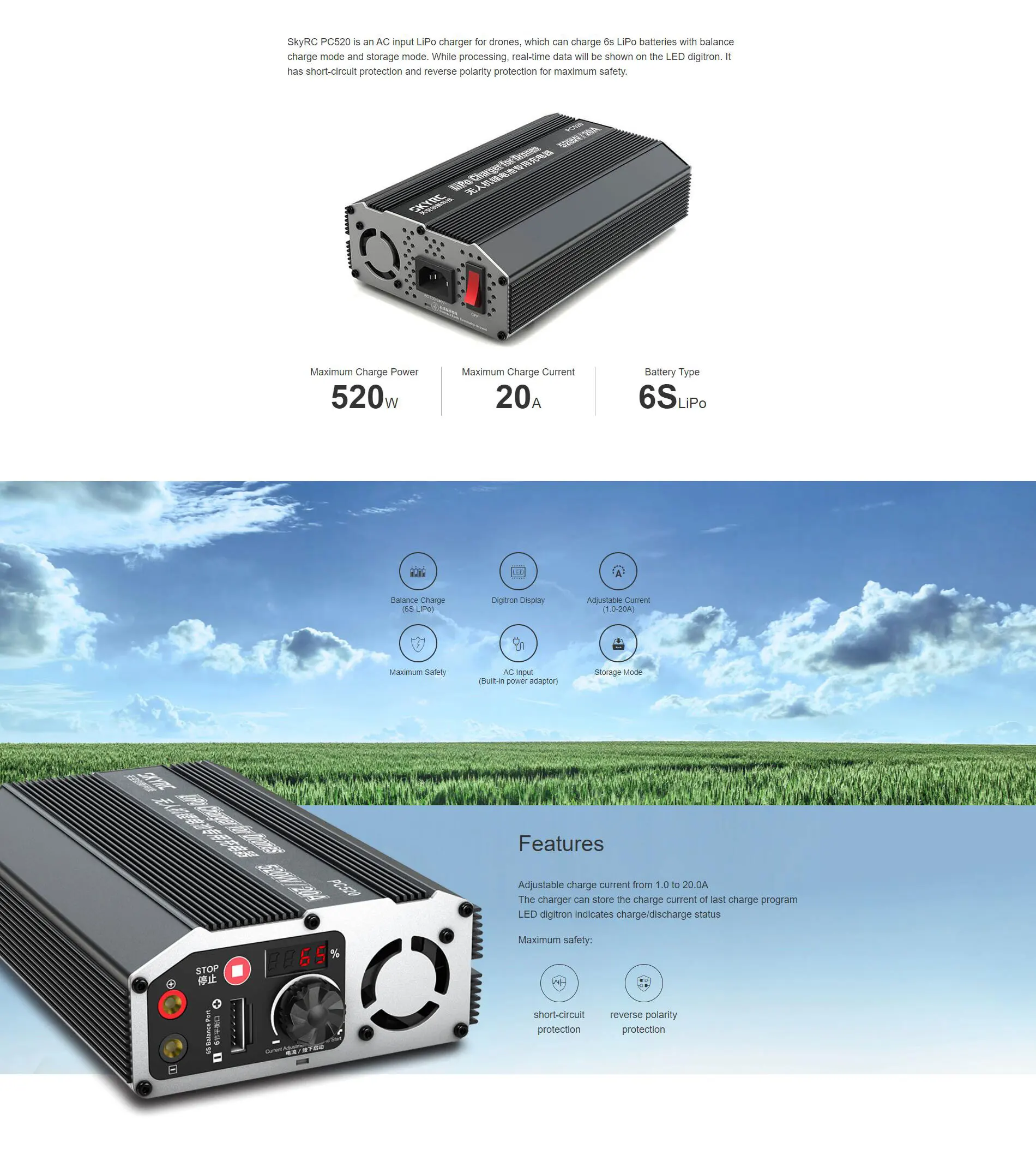 SKYRC PC520 520W 20A 6S Lipoバッテリーバランスクイック充電器LED  