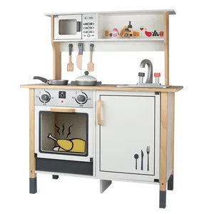 EDULAND Wood Grain Kids Kitchen Play Set Toy with Sound Light Oven and Stainless Cookware Wooden Pretend Play Tableware Set