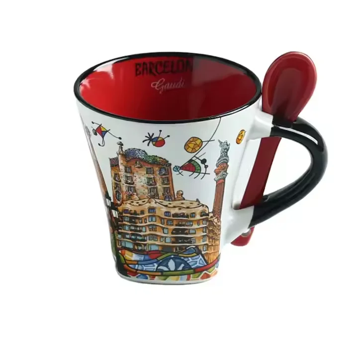 Custom Wholesale Barcelona Classic Design Ceramic Mug With Spoon Bohemian Style for Water Milk Coffee for Tourist Souvenir Gift