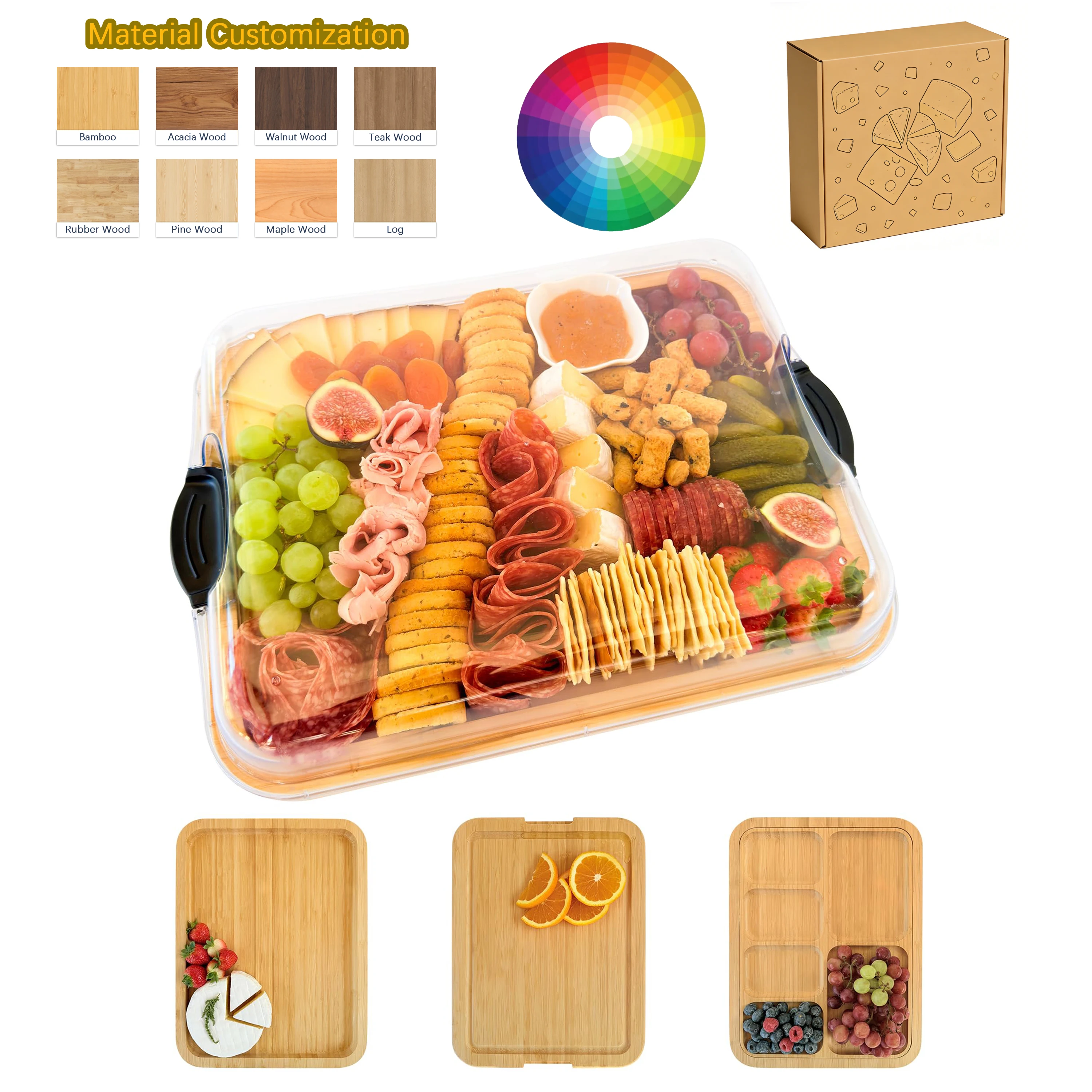 ZC Customization Charcuterie Boards with Clear Lid & Handle Bamboo Cheese Board Kitchen Cheese Board Set